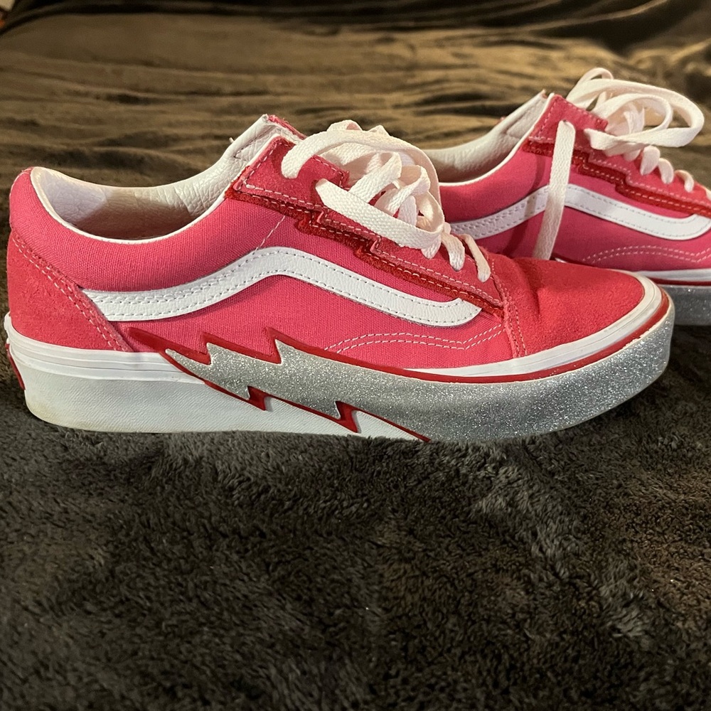 Vans Pink and White Low Top Athletic Shoes with Silver Accent